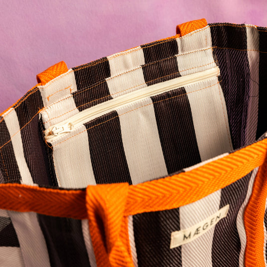 Orange, White & Aubergine Striped Bag