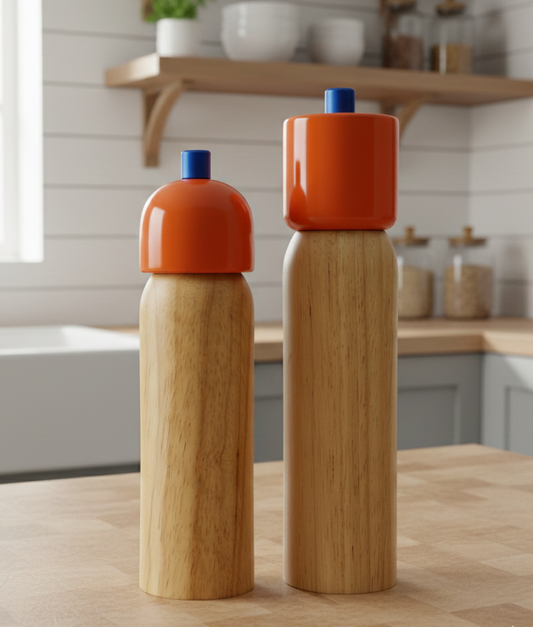 Two wooden salt and pepper shakers with orange tops on a kitchen counter.