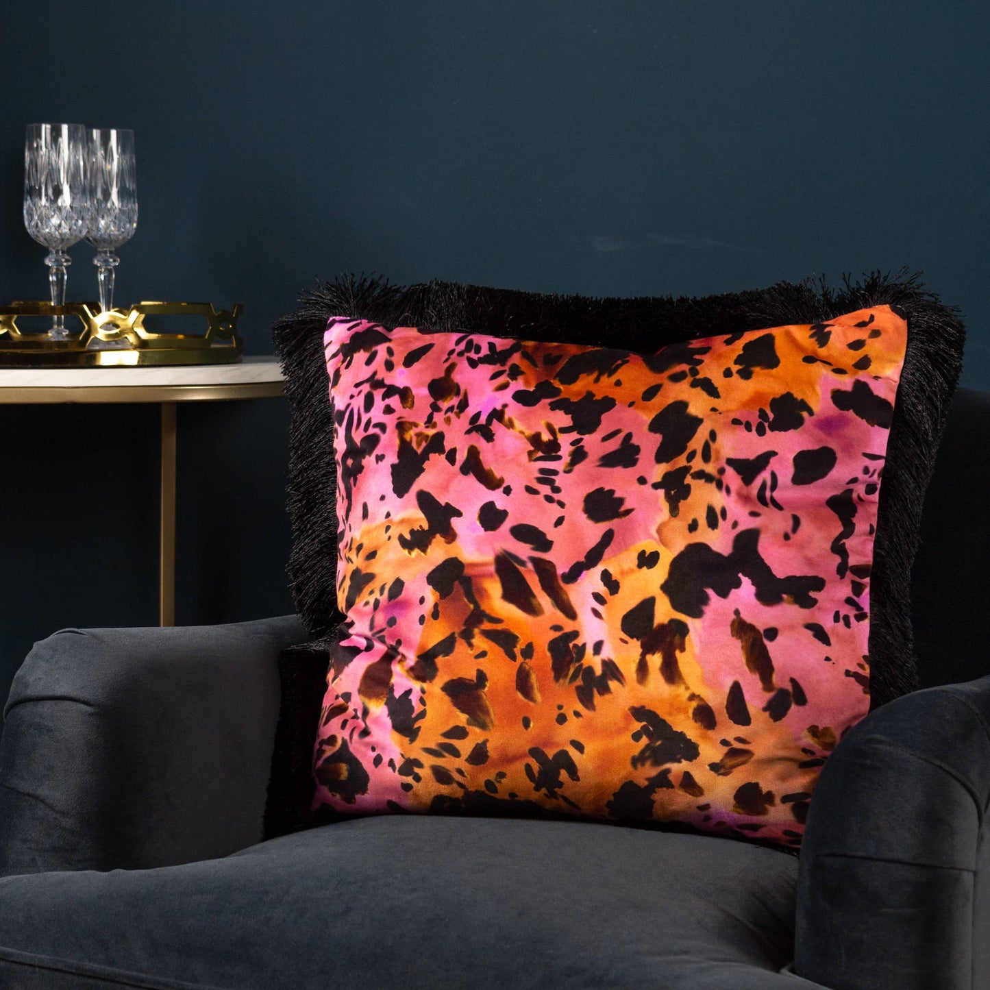 Colette Animal Printed Satin Fringed Cushion - orange / rouge
