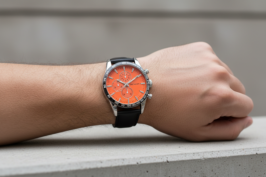 Henley Mens Orange Dial Black Leather Strap Watch