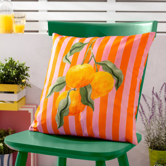 Reversible outdoor cushion with a Mediterranean orange citrus fruit print and checked reverse.