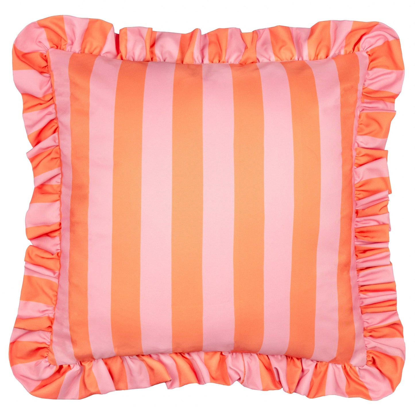 Palm Royale outdoor cushion with a bold orange and pink cabana stripe and a decorative ruffle frill edge.