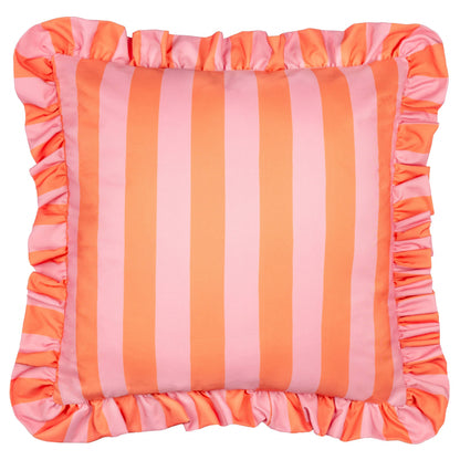 Palm Royale outdoor cushion with a bold orange and pink cabana stripe and a decorative ruffle frill edge.