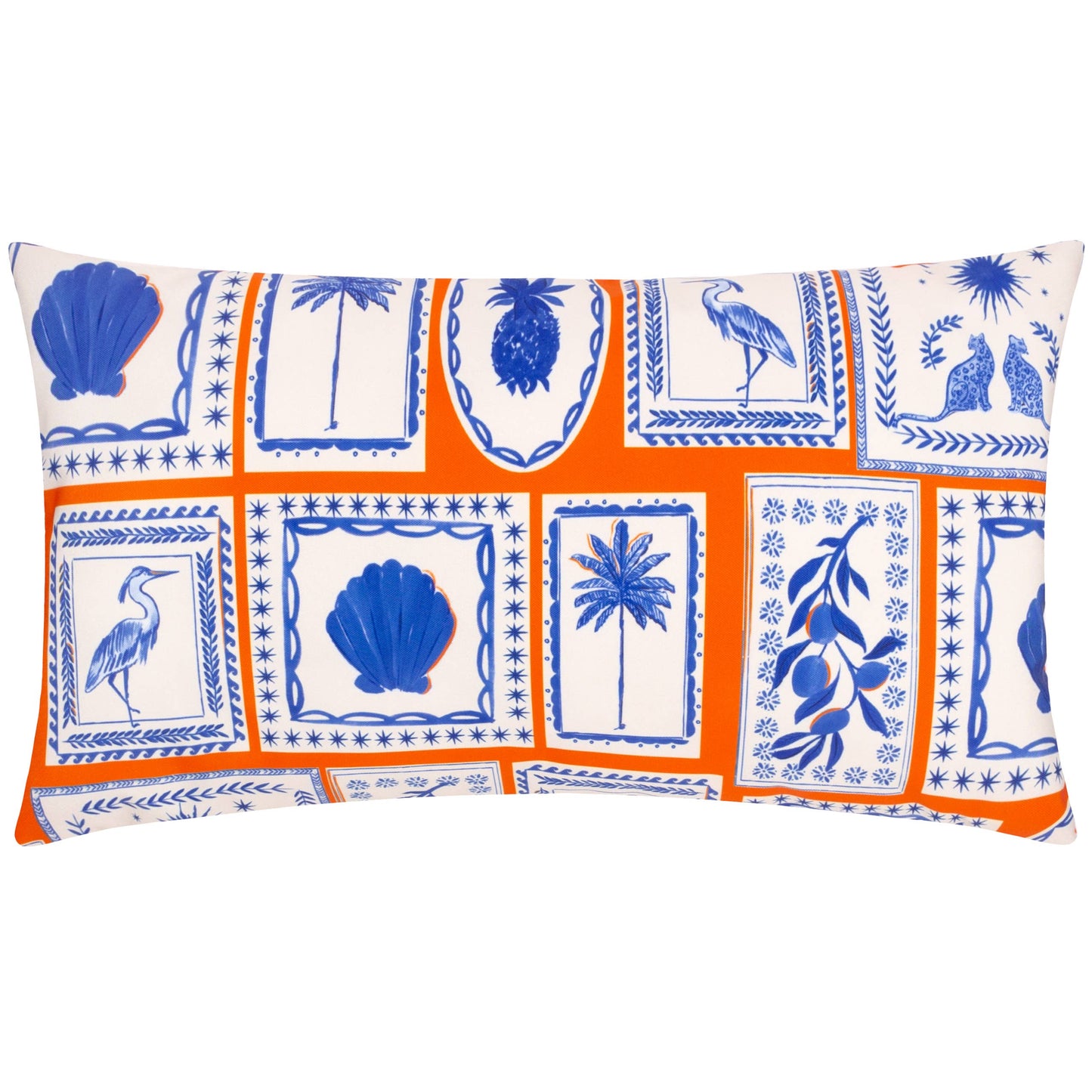 Reversible Greek-inspired outdoor cushion with blue island symbols and an orange reverse