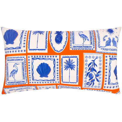 Reversible Greek-inspired outdoor cushion with blue island symbols and an orange reverse
