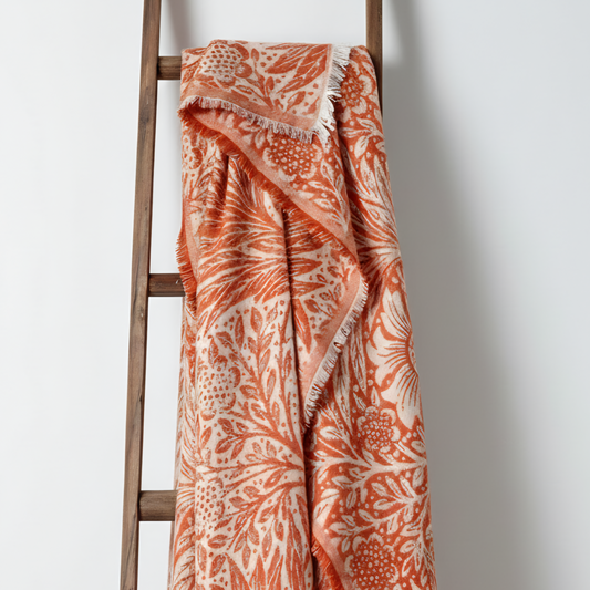 Marigold William Morris throw featuring a traditional foliage jacquard weave on soft faux mohair fabric.