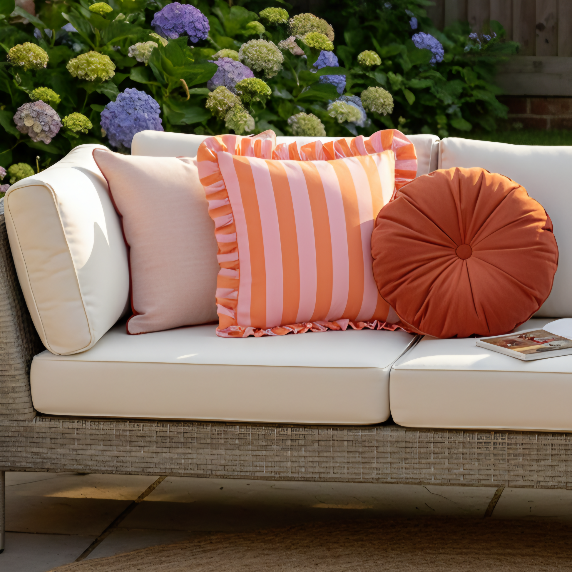 Palm Royale outdoor cushion with a bold orange and pink cabana stripe and a decorative ruffle frill edge styled on a white outfoor sofa 