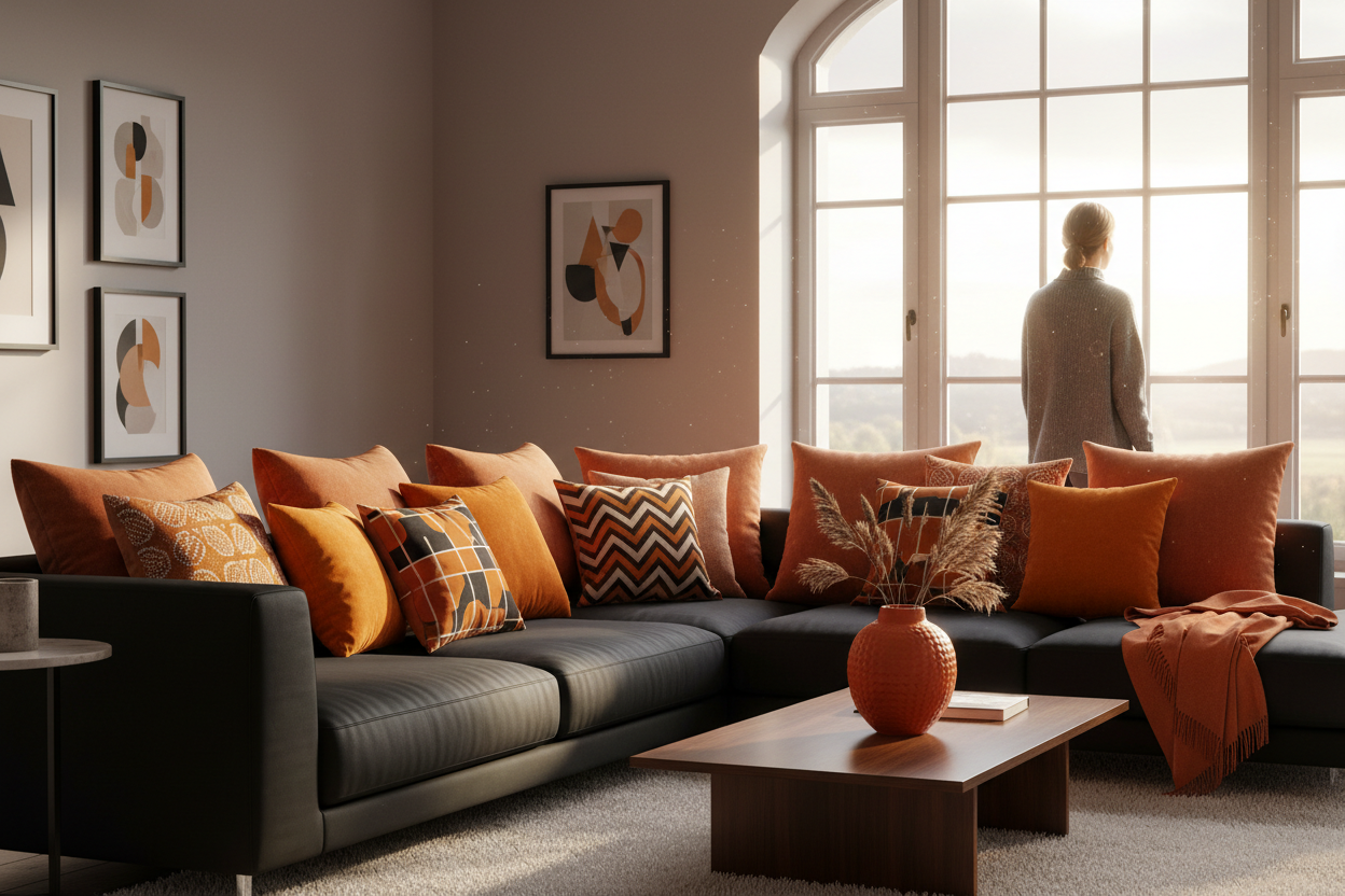 create a living room with a black sofa, covered with lots of orange cushions in various shades and patterns, put a coffee table in front with an orange vase on it, and a person just in view looking out of a window