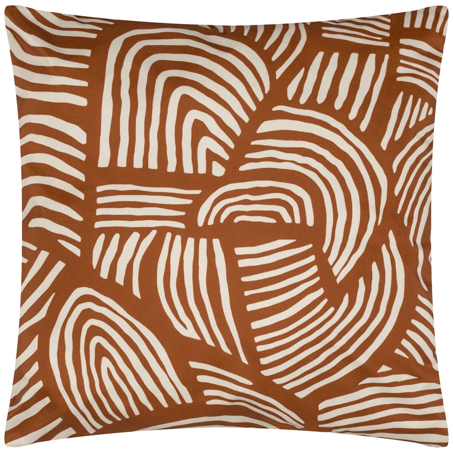 Dunes outdoor cushion with a neutral abstract sand dune pattern on a modern grey patio sofa.
