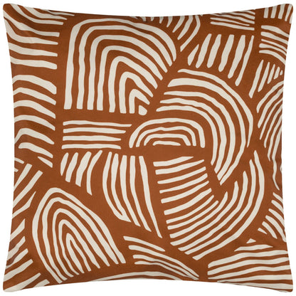 Dunes outdoor cushion with a neutral abstract sand dune pattern on a modern grey patio sofa.