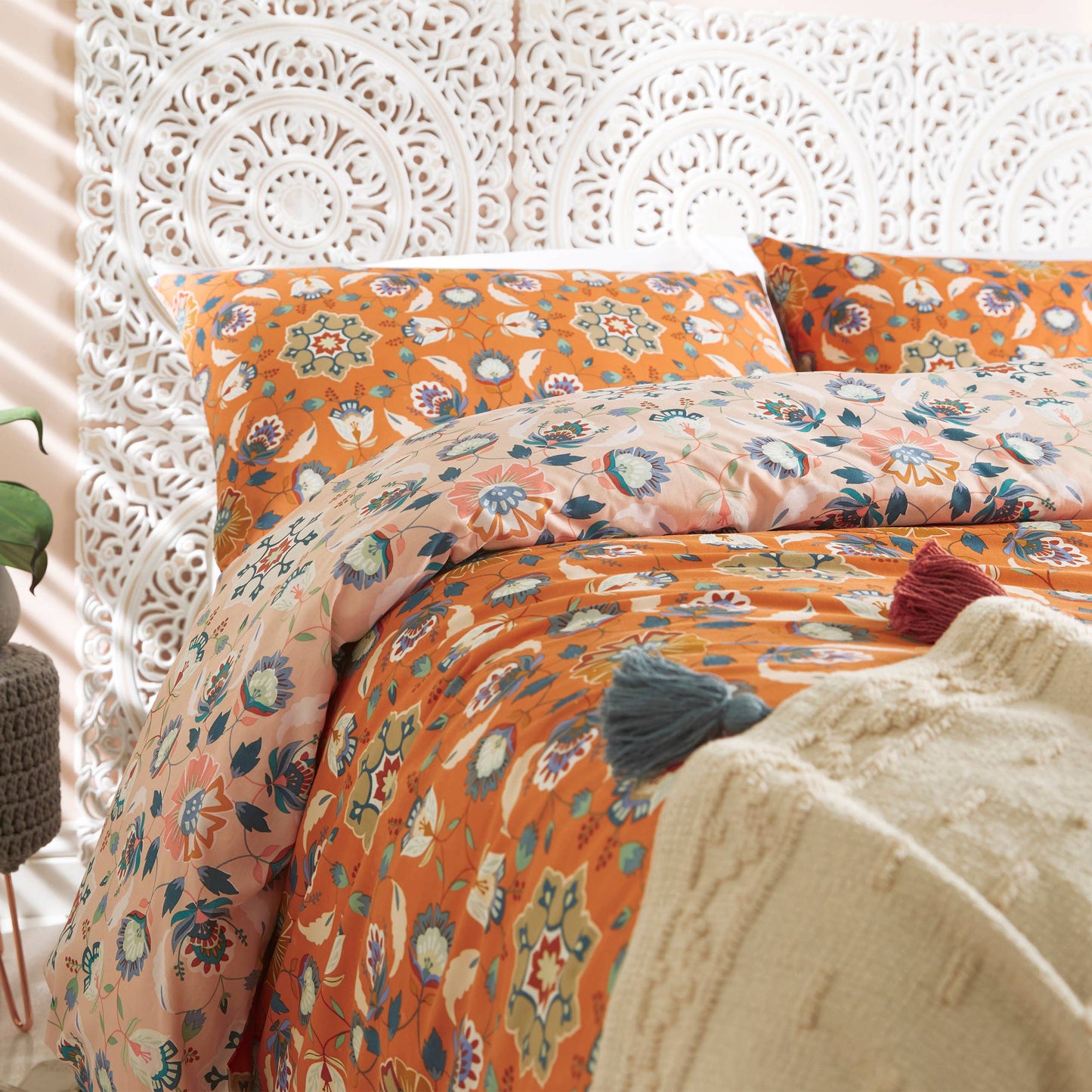 Folk Flora Reversible Traditional Folk Art Duvet Cover Set Orange