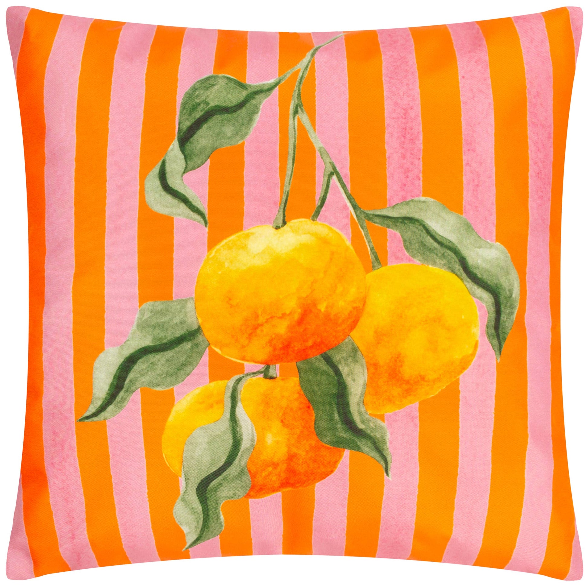 Decorative pillow with orange and pink stripes and lemon design