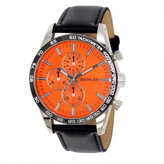 Henley Mens Orange Dial Black Leather Strap Watch