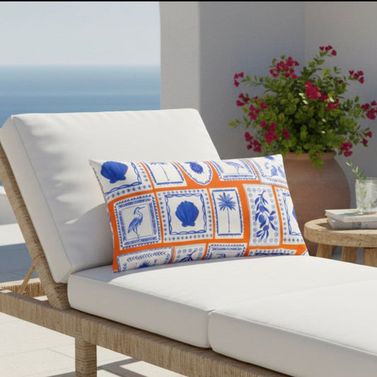Frieze Mediterranean Greek Island Orange/Blue Outdoor Cushion