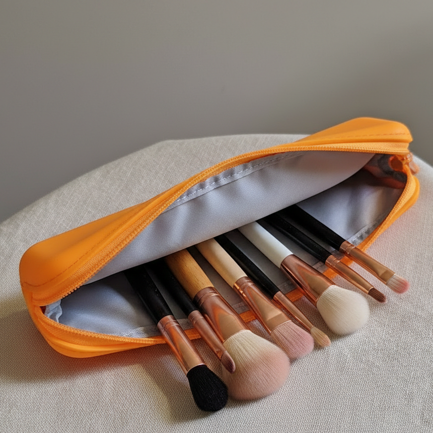Orange makeup pouch with makeup brushes 