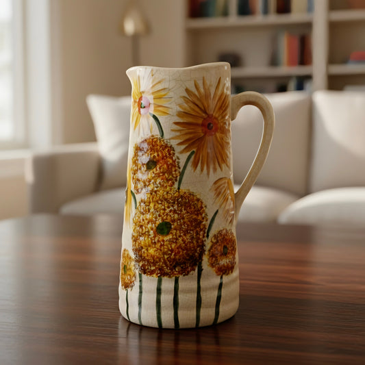 Decorative ceramic pitcher with floral design on a wooden table in a living room setting.